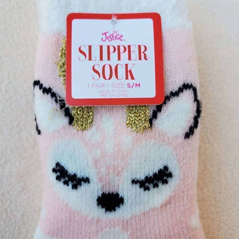 Justice pink and white reindeer slipper socks